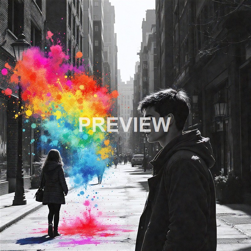 A young man stands on a city street in black and white, while a woman walks away in the background, with vibrant splashes of colorful powder in the air, creating a striking contrast.